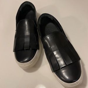 Celine black leather sporty shoe with fringe trim